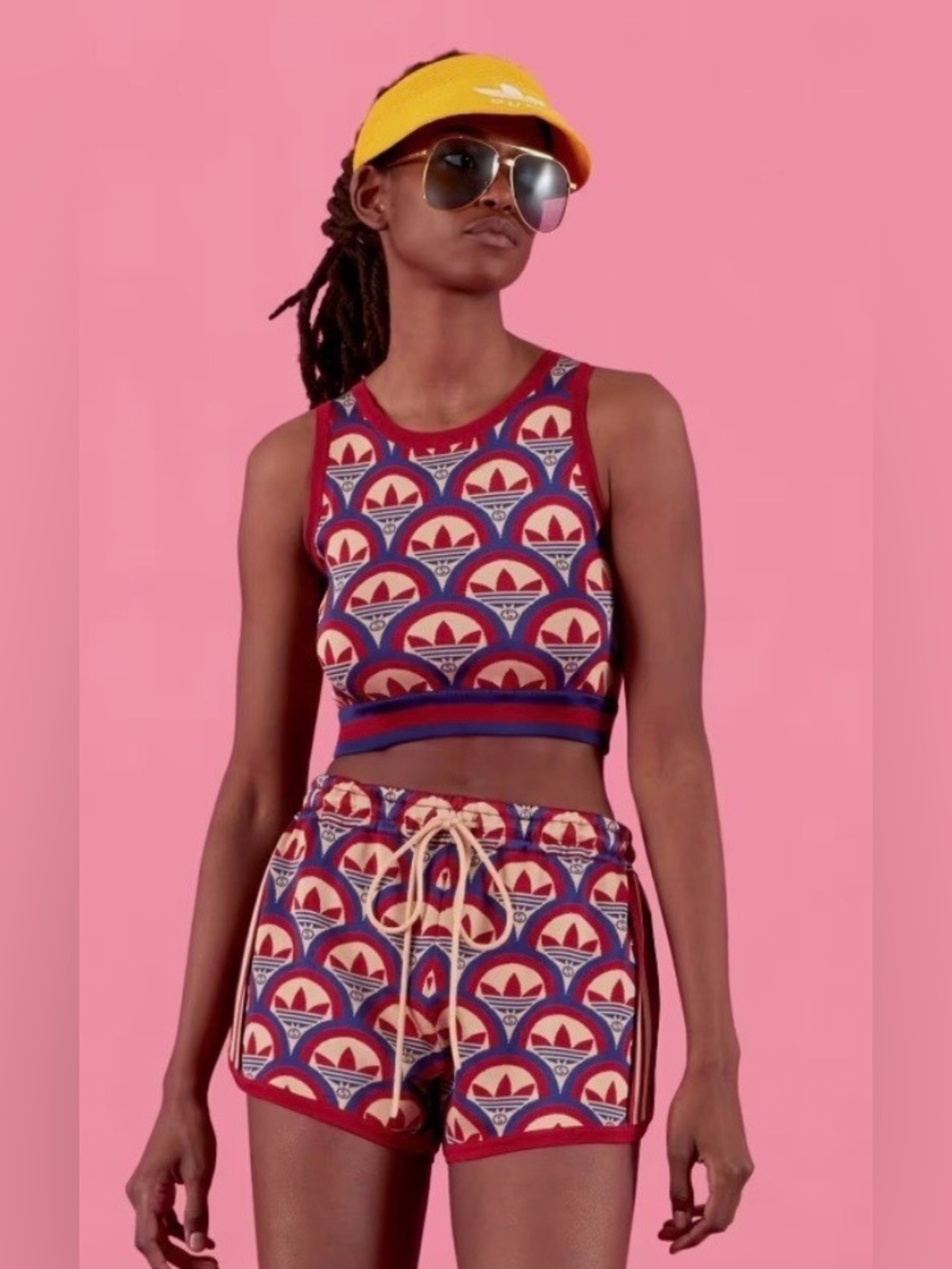 Gucci x Adidas Jacquard Red, Blue & White Patterned Crop Tank and Shorts Set - Picture 1 of 8